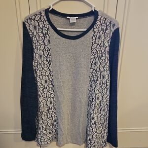 Elegant Lace Panel Gray and Navy Flower Lace Soft Women's Large Top